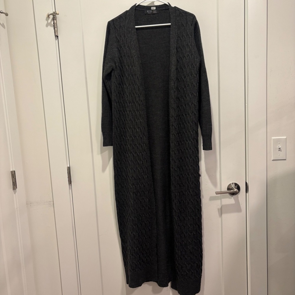 Refka Wool Charcoal Gray Cable Knit Open Front Maxi Longline Cardigan US 4-6
